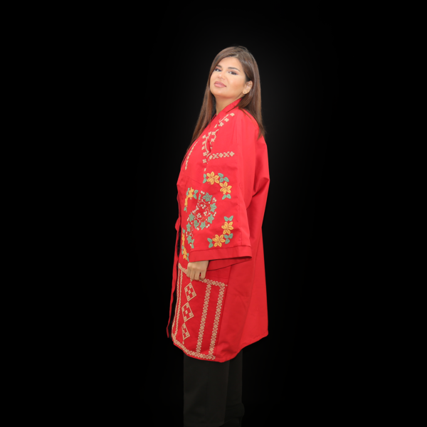 Red embroidered kimono abaya luxury heritage duster coat Crimson Sultan