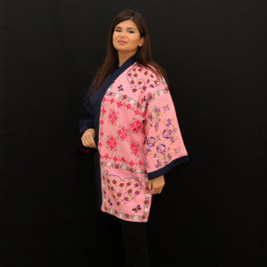 The Heritage Heart Mid-Length Kimono with intricate geometric patterns.