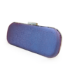 The sleek, plain purple silk reverse side of a dual-option handmade Tatreez clutch.