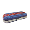 Top view of a purple embroidered clutch bag with a secure silver-toned metal clasp closure.